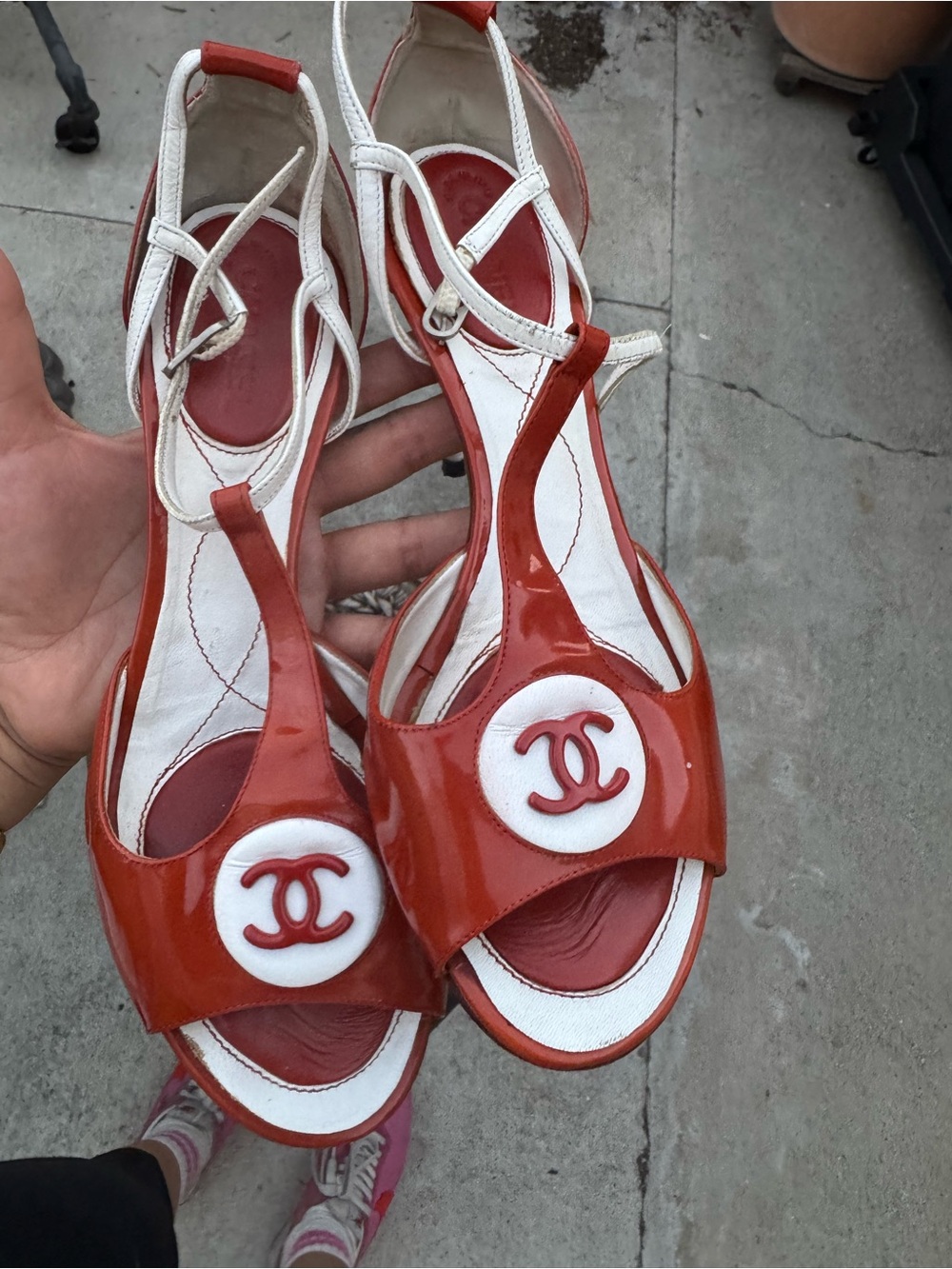 CHANEL Red and White Patent Peep-Toe Heels with CC Medallion - Picture 2 of 11